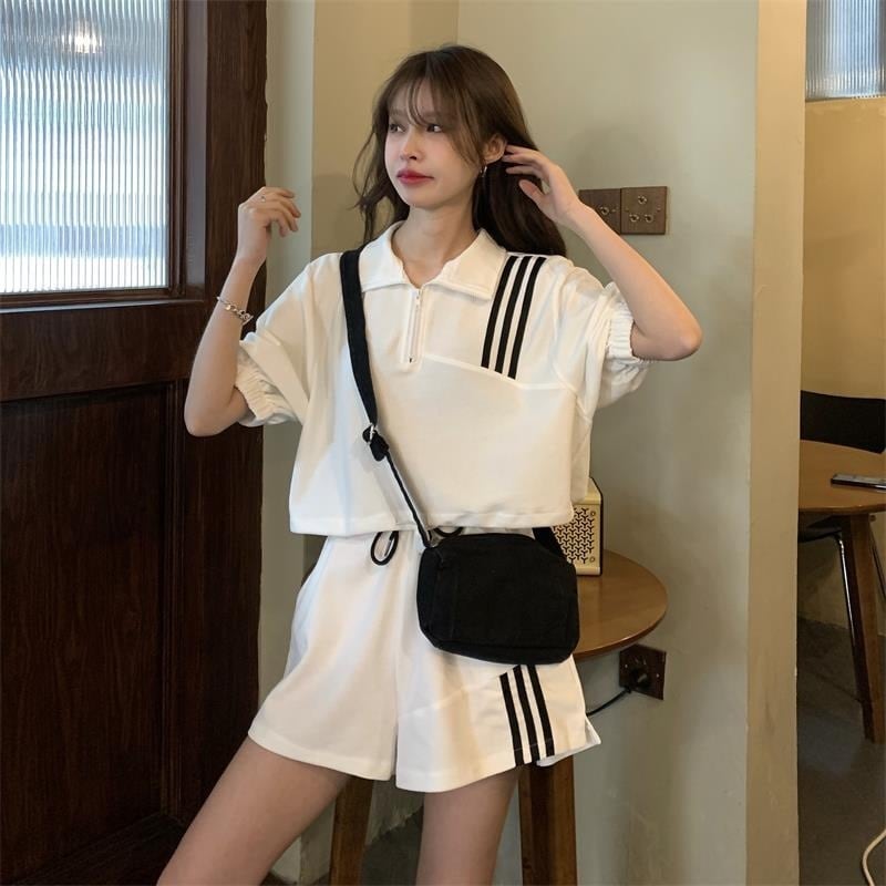 【set】INS風カジュアル気質満点POLOネックトップス+ショートパンツレディース２点セット G13533