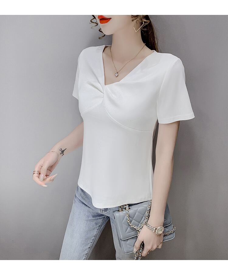 【tops】2色Vネック半袖ファッション無地着回しブラウスF0154