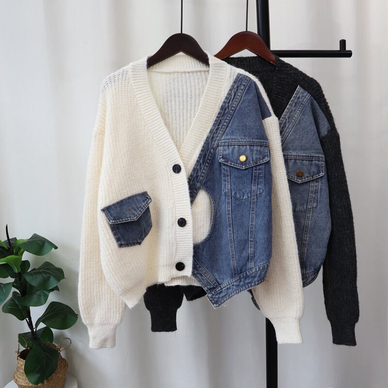 【outer】デニム切り替えニットカーデ　M27542