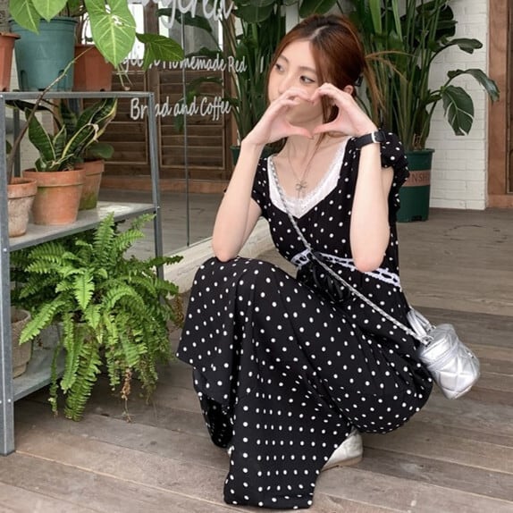 【dress】レース切り替えドット柄ワンピース　M29690