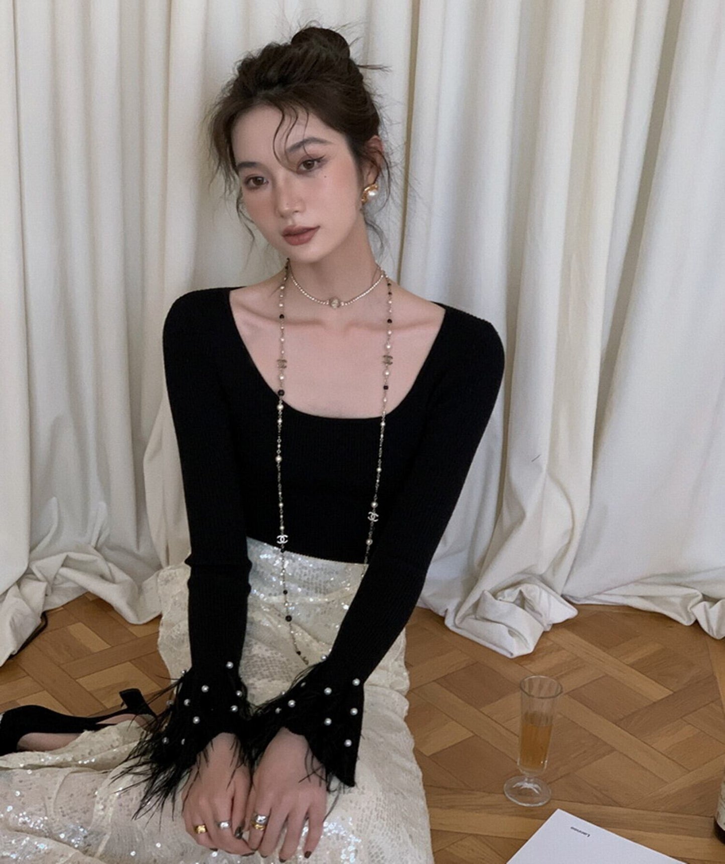 【tops】パールベルスリーブニットトップス　N2947