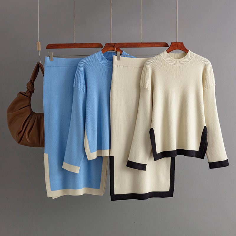 【set】配色ニットセーター×スカートセット　M28447