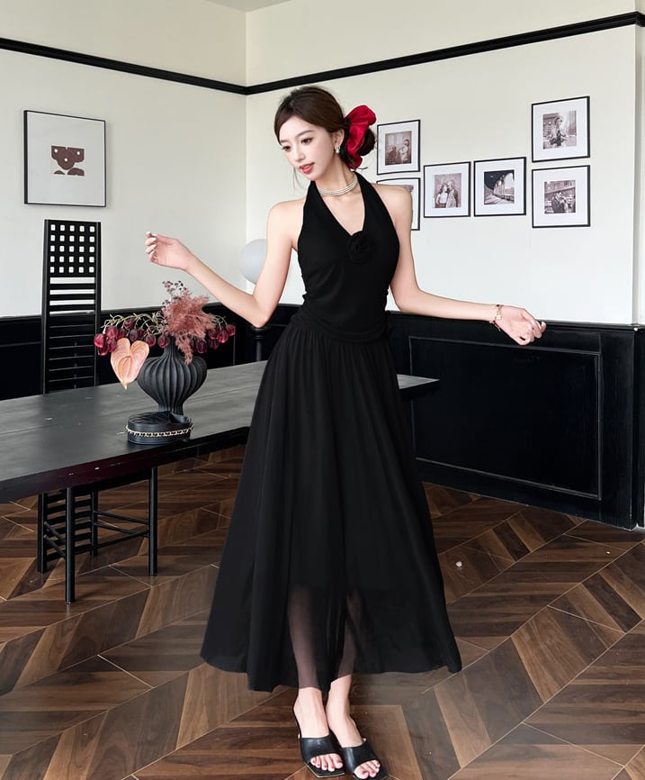 【dress】ノースリーブホルターネックロングワンピース Q8190