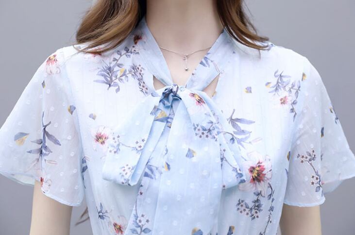 【dress】清新スウィート〜タイカラーフレアスリーブ韓国風ギャザー花柄ワンピースF0296