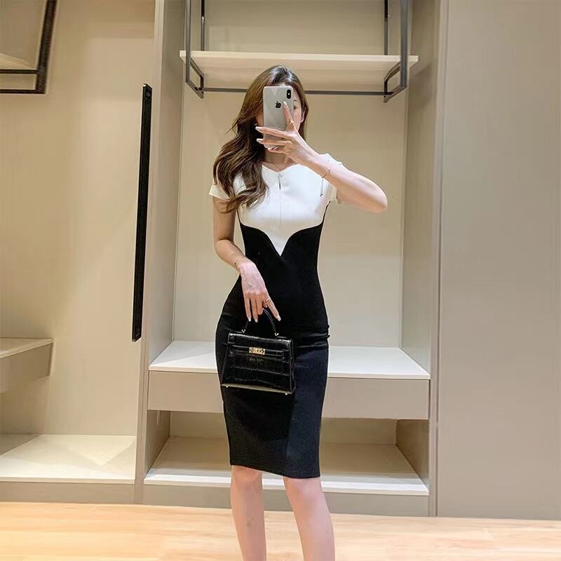 【dress】早い者勝ち夏新作2色ラウンドネック半袖配色韓国ファッションタイトワンピースF2630