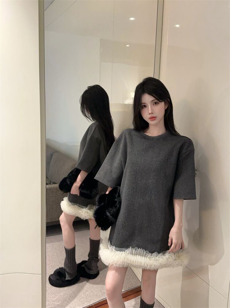 【dress】裹起毛レースドッキングワンピース　M28775