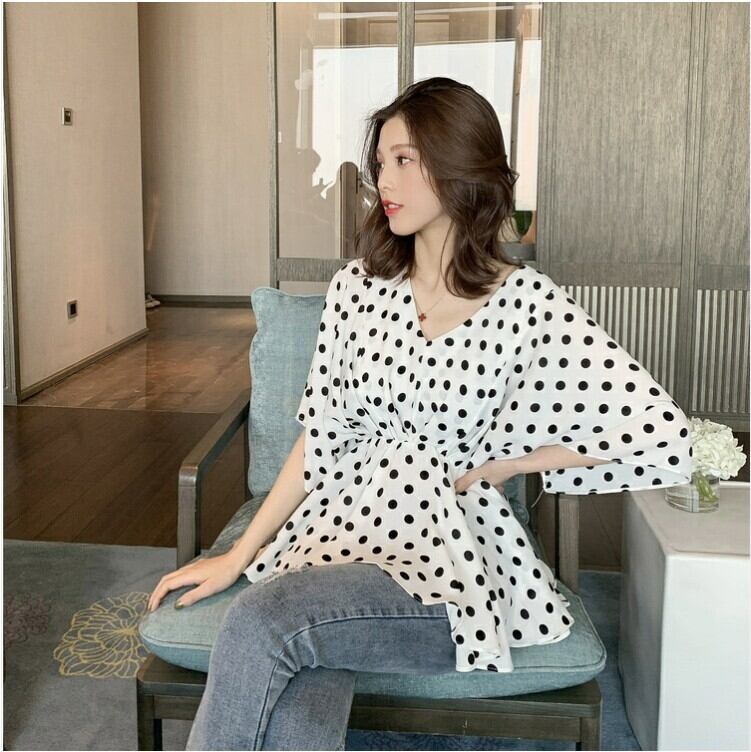 【tops】好感度満載！Vネック半袖シフォンドット柄ウェスト絞りファッションブラウスF0373