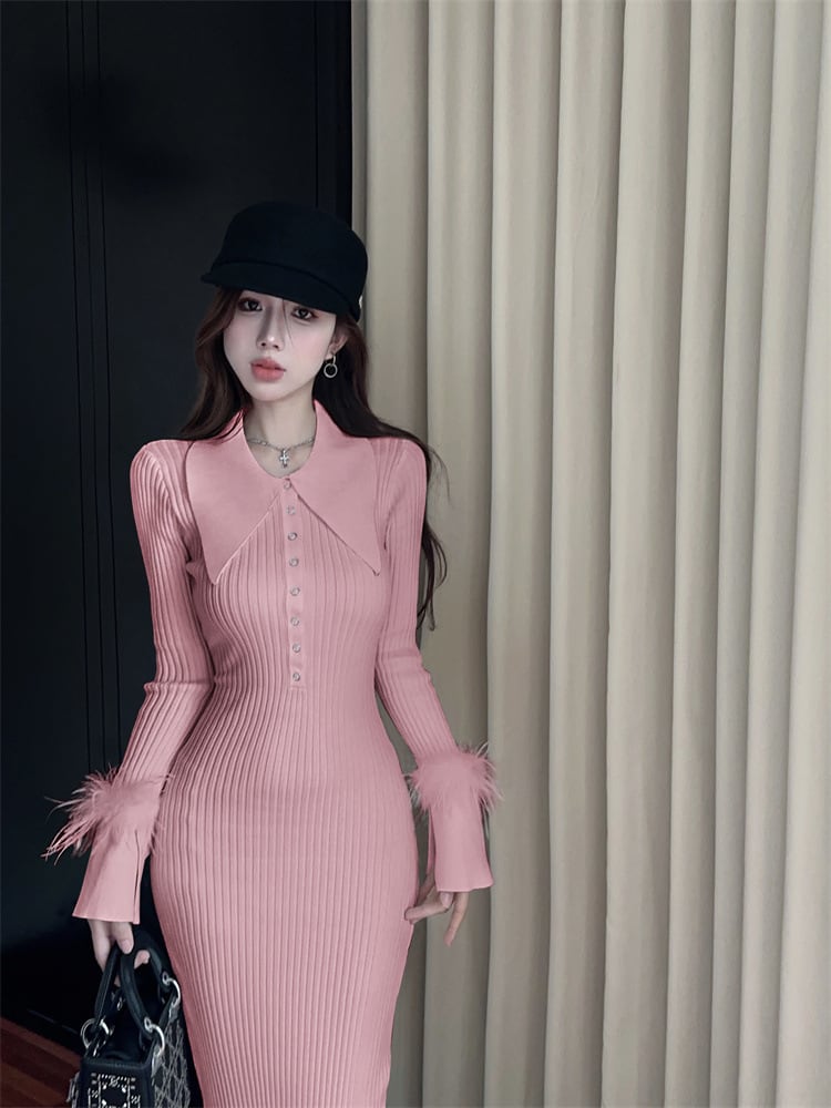 【dress】袖ファーニットワンピース Q7123