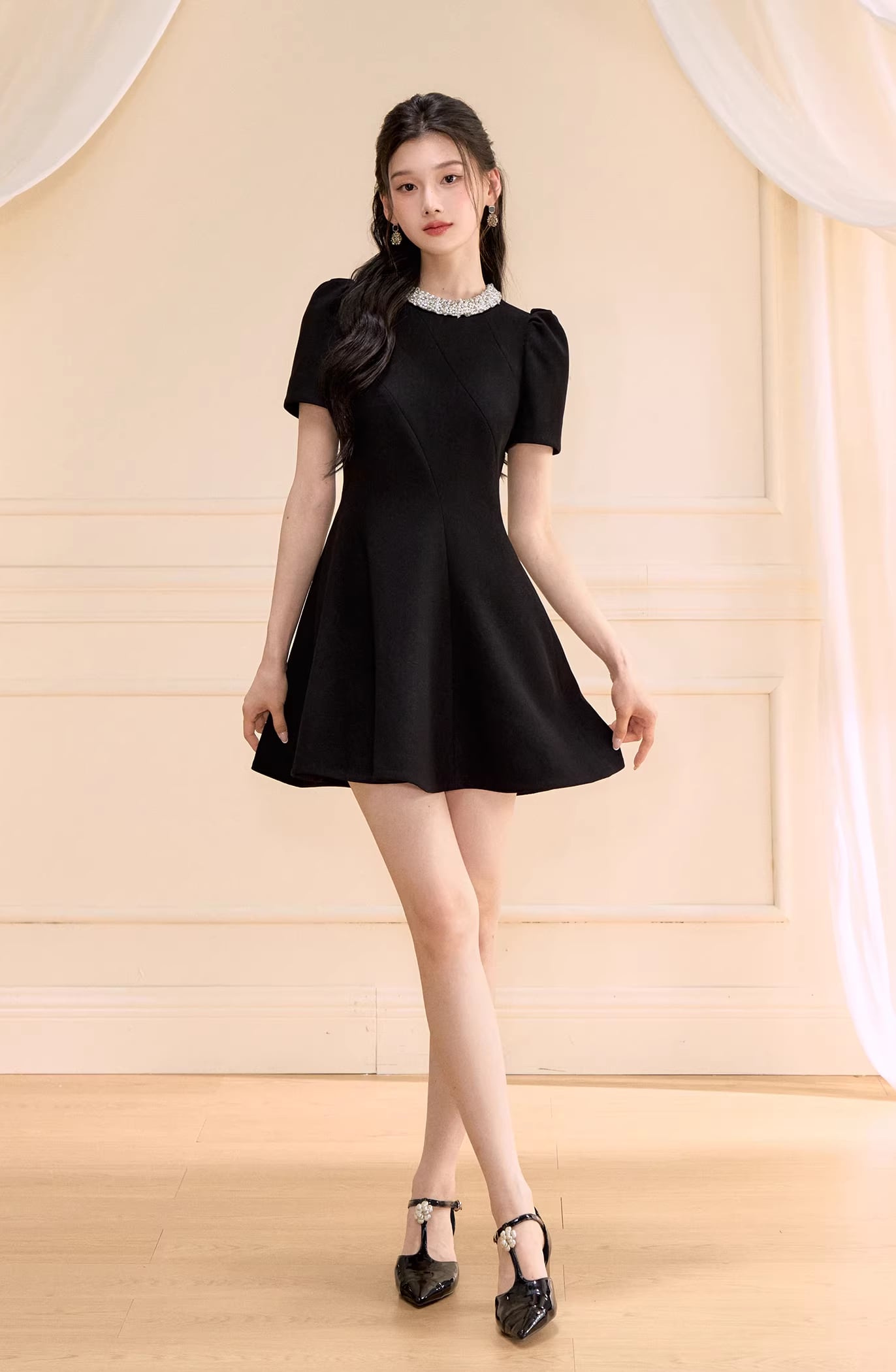 【dress】パール付きAラインフレアワンピース Q8463