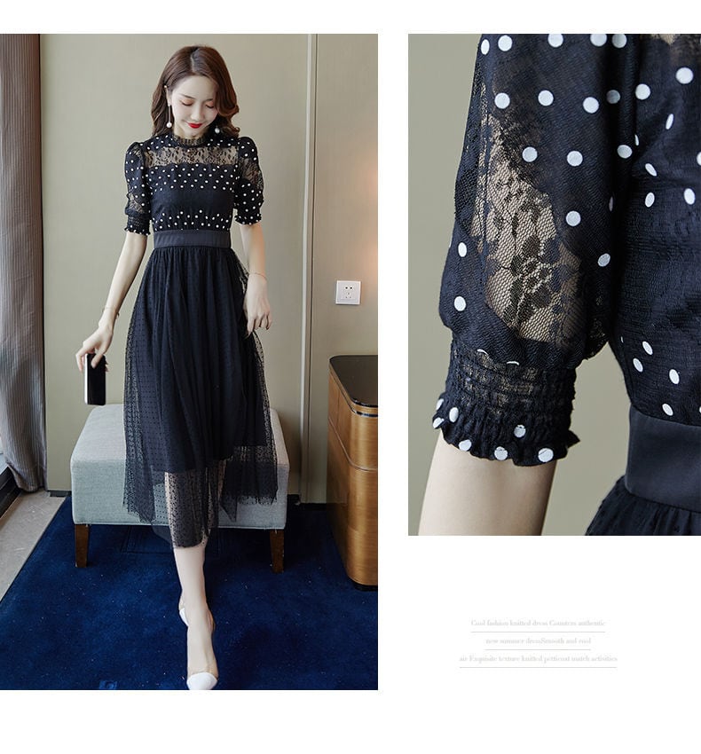 【dress】好感度UP!気質満点フェミニンレース体型カバードット柄ワンピース G0506