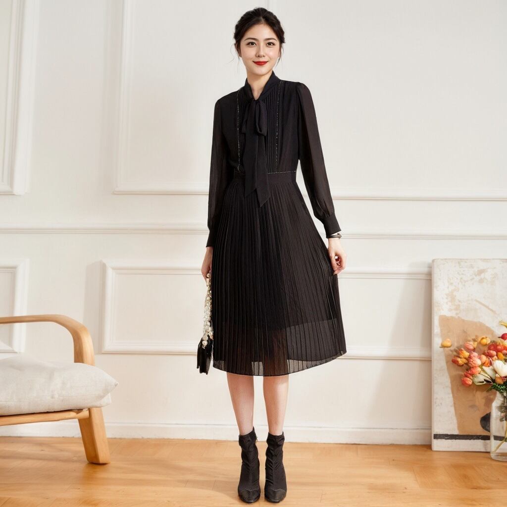 【dress】プリーツリボン付きワンピース　M29679