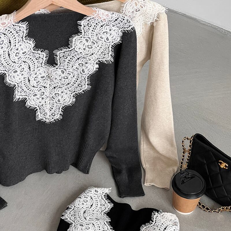 【tops】Vネックレースドッキングニットトップス Q7241