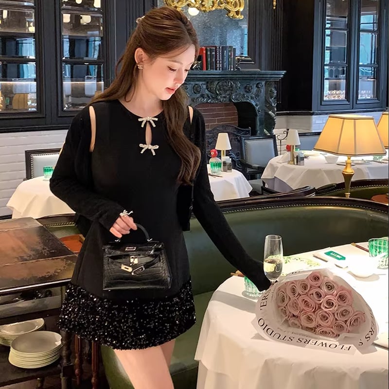 【dress】ノースリーブラインストーン付きミニワンピース Q8393