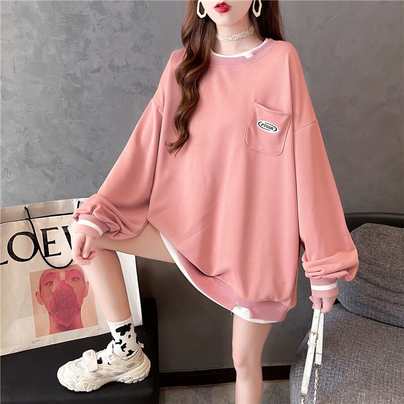 【tops】ラウンドネック長袖偽二つ切り替え英字柄ゆったり着回しパーカーF0676