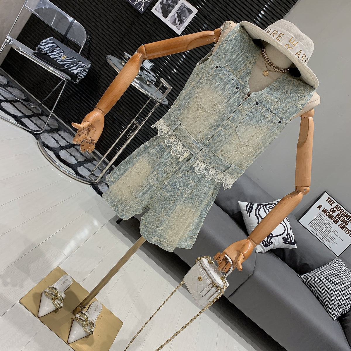 【set】レースデニムベスト×ショートパンツセット　M24776