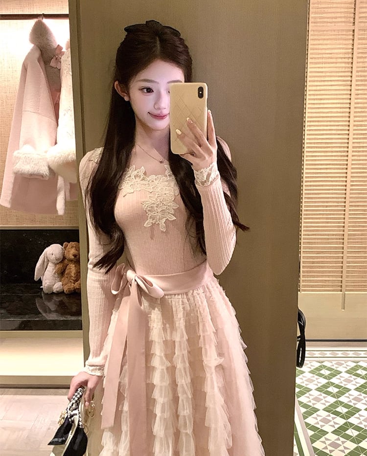 【dress】レース付きニットドッキングチュールワンピース Q7646