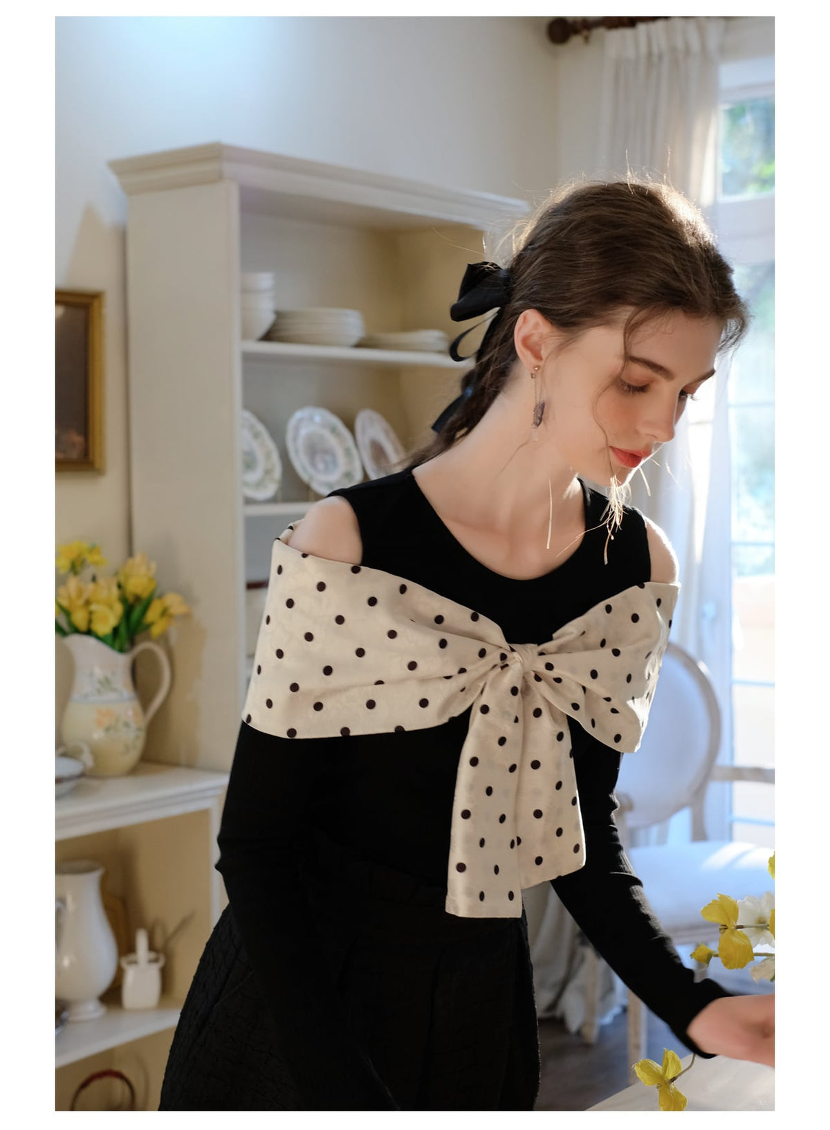 【tops】オフショルダーリボンニットトップス　N2796