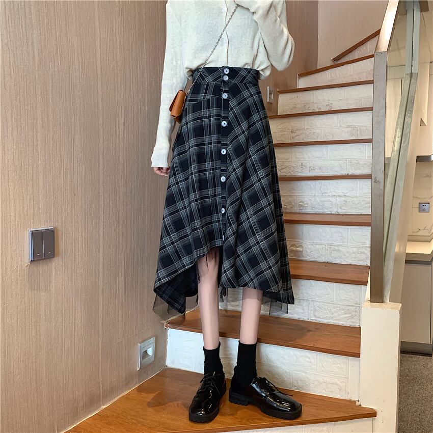 【bottoms】スウィート気質満点デザイン不規則チェック柄ハイウエストスカート