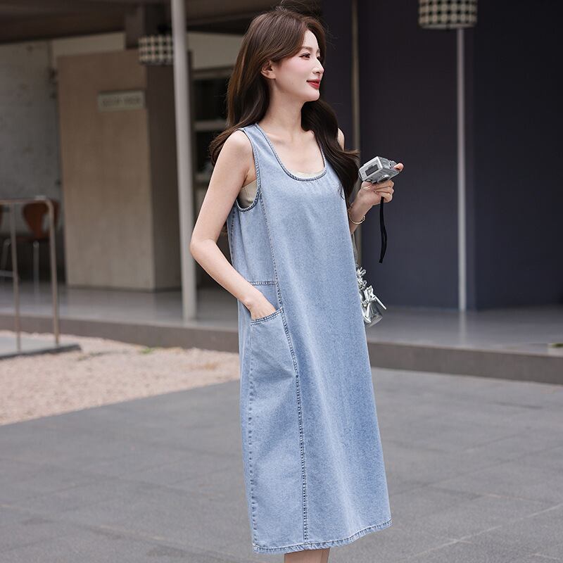 【dress】デニムロングベストワンピース Q8422