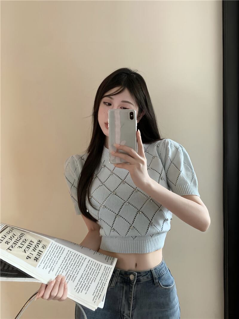 【tops】細身効果抜群♪夏新作3色ラウンドネック半袖ビーズ飾り体型カバー着回し薄手ニットF4718