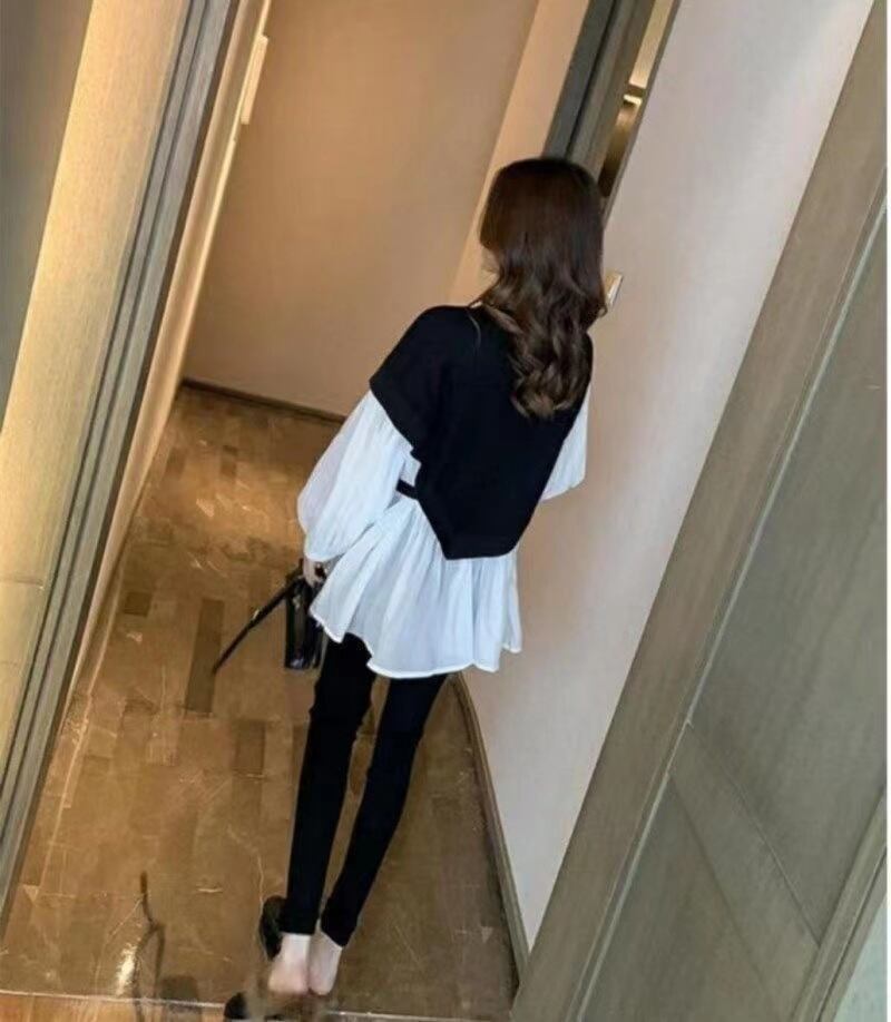 【tops】話題沸騰中ラウンドネック長袖ランタンスリーブ韓国風配色フリル偽二つ切り替えブラウスF1763