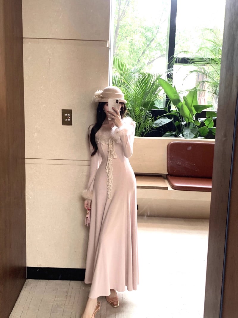 【dress】ファードッキングニットワンピース Q7589