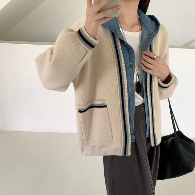 【outer】フェイクレイヤードニットカーディガン Q7204