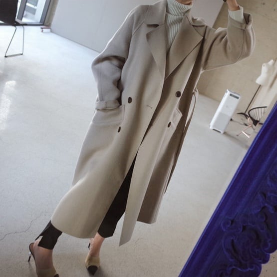 【outer】韓国風ファションINS風3色大きいラペル長袖リボン着回しゆったり厚手秋冬ロング丈アウターコートF0896