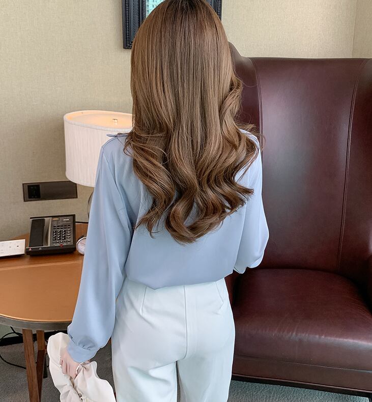【tops】韓国ファッションラペル長袖無地ファッション着回しOL通勤シャツF0664