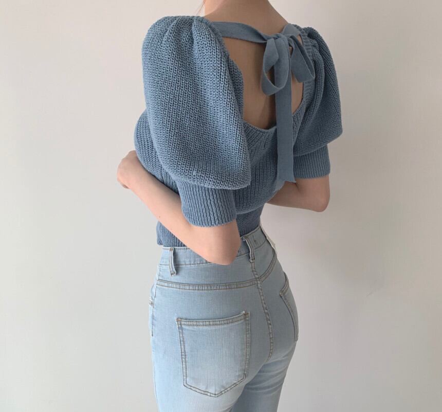 【tops】大人可愛いパフスリーブ無地ショート丈ボウタイニットF0022