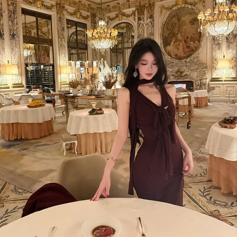 【dress】スカーフ付きノースリーブリボンロングワンピース Q7817
