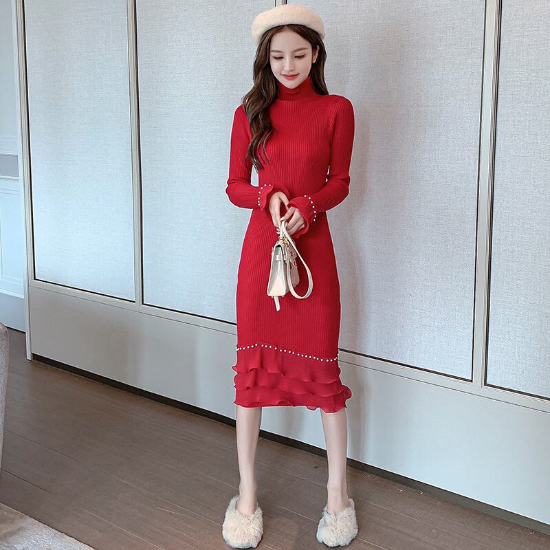 【dress】エレガント!気質満点レトロ体型カバー秋冬新作フリルニットワンピース G3729
