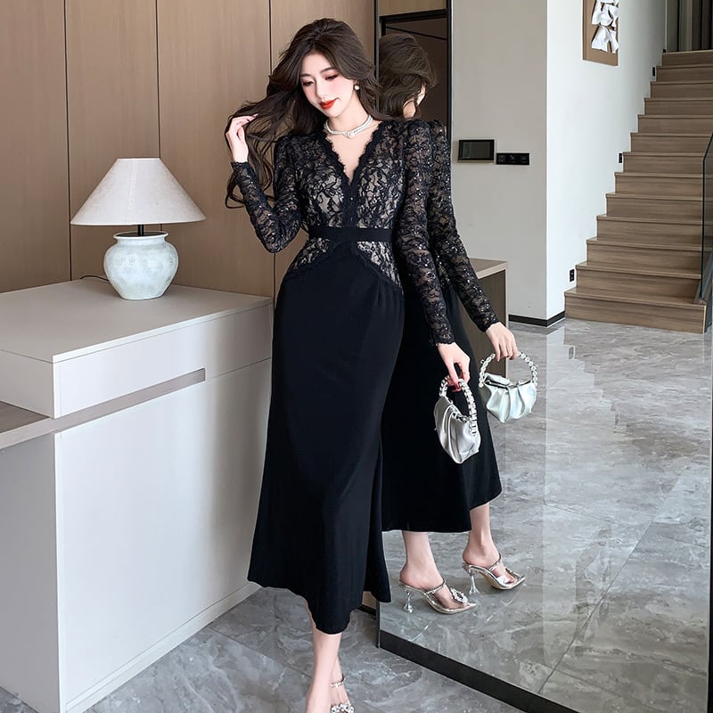 【dress】レース切り替えマーメイドワンピース　M26252