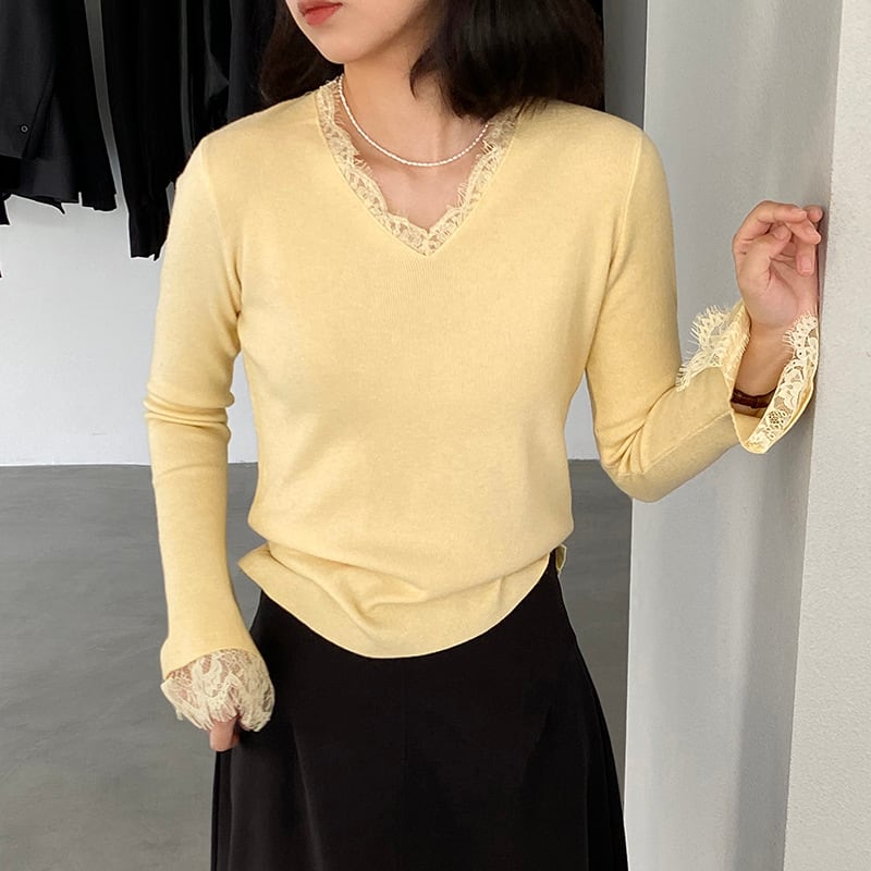【tops】レースドッキングニットトップス Q7236