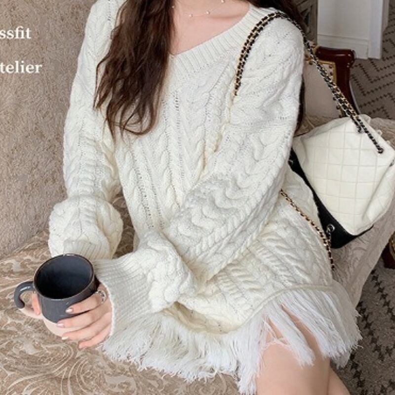 【dress】Vネックフリンジセーターワンピース　M18333
