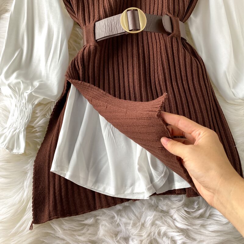 【set】好感度UP!気質満点レトロ韓国系着痩せニットベスト+シャツ２点セット G1682