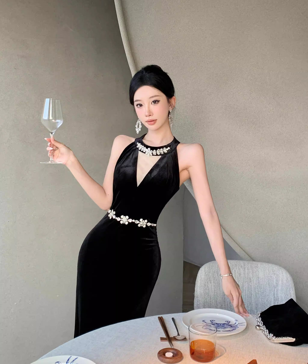【dress】ノースリーブベルベットワンピース Q7886