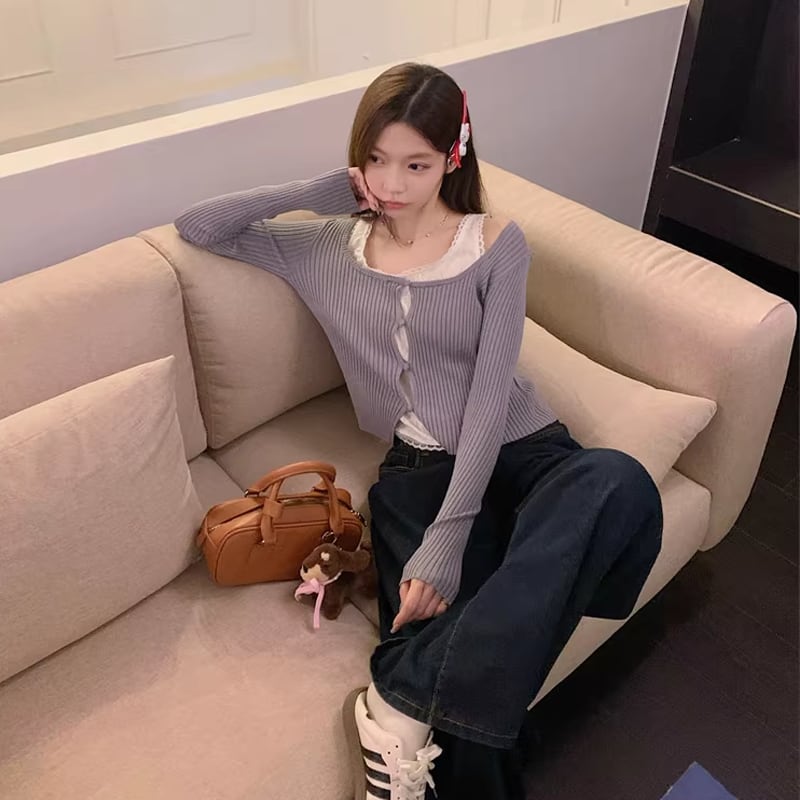 【tops】フェイクレイヤードニットトップス Q8152