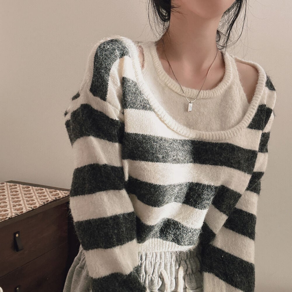 【tops】ボーダー柄切り替えニットセーター　M27774
