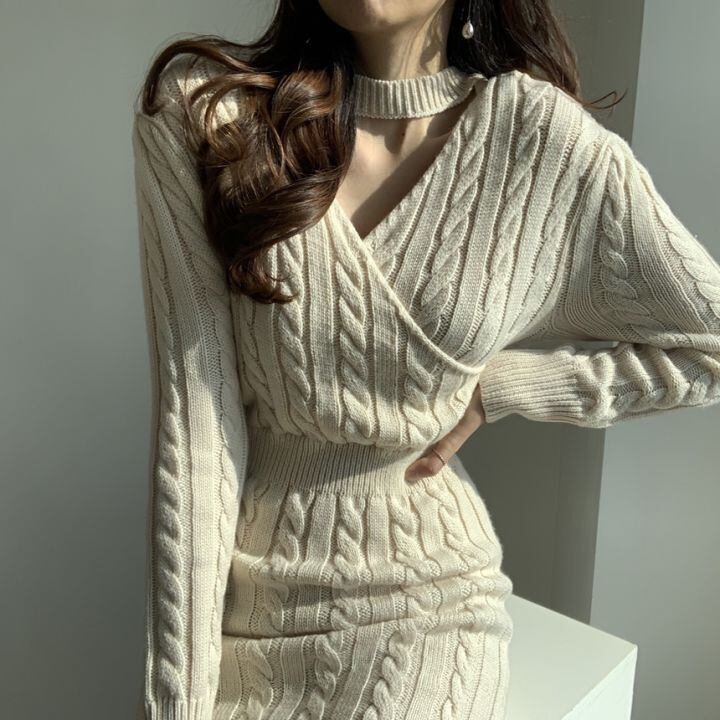 【dress】 韓国系!気質満点レトロ合わせやすい2WAYラウンドネックスリットニットワンピース G2944