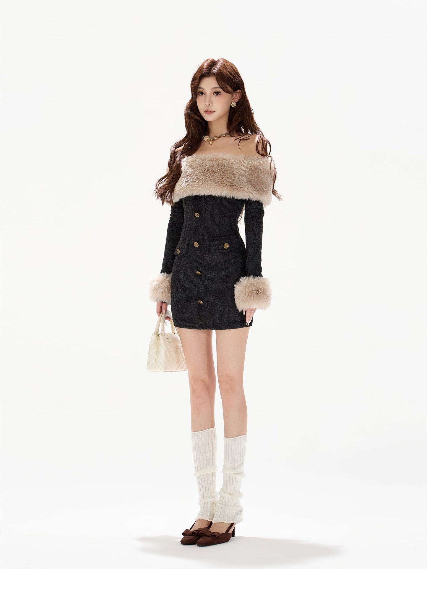 【dress】ファーオフショルニットワンピース　N3467