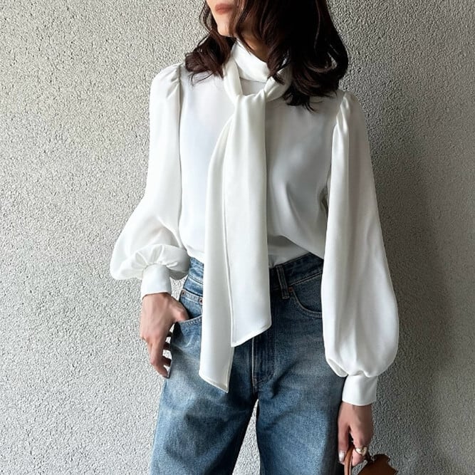 【tops】リボン付きシャツトップス　M28012