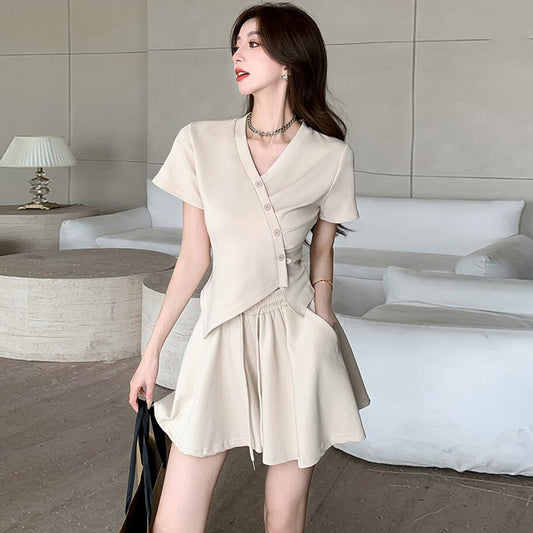 【set】Vネック不規則トップス+キュロットスカート２点セットG20989