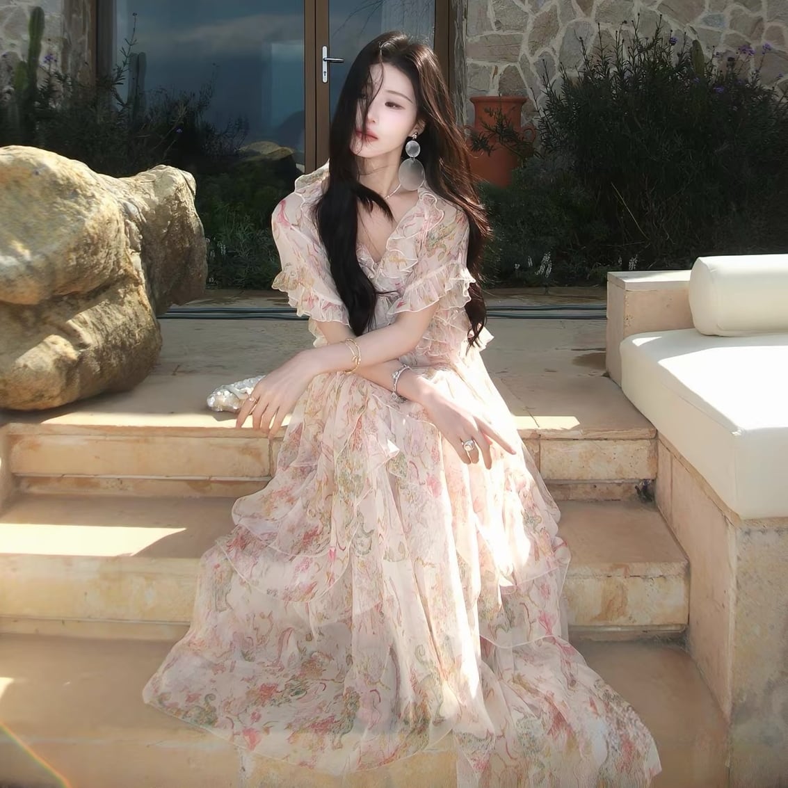 【dress】フリルプリントロングワンピース  N3575
