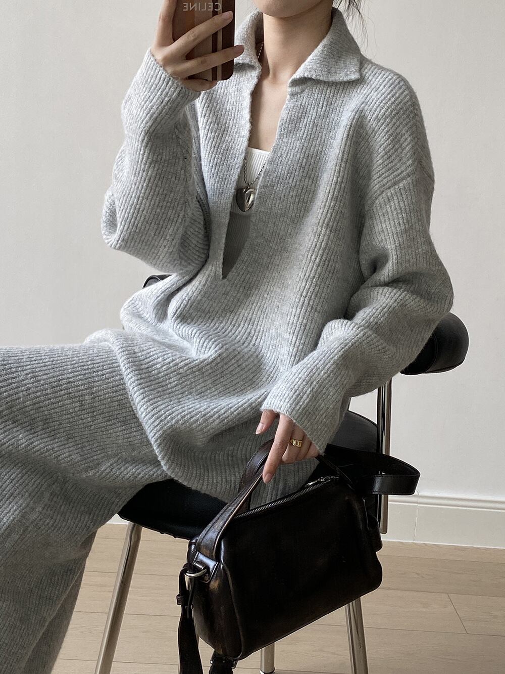 【set】Vネックニットトップス×ロングスカートセット　N3441