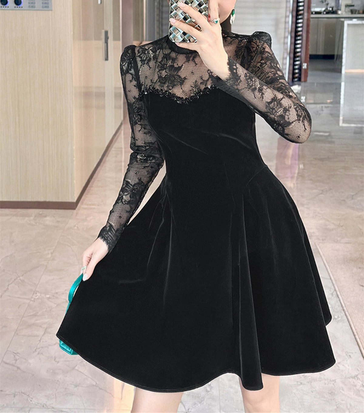 【dress】レースドッキングベロアワンピース　N3423