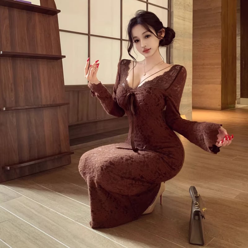 【dress】胸パット付きロングレースワンピース Q8167