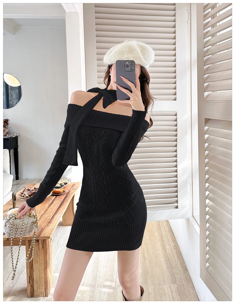 【dress】リボンオフショルニットワンピース　N2855