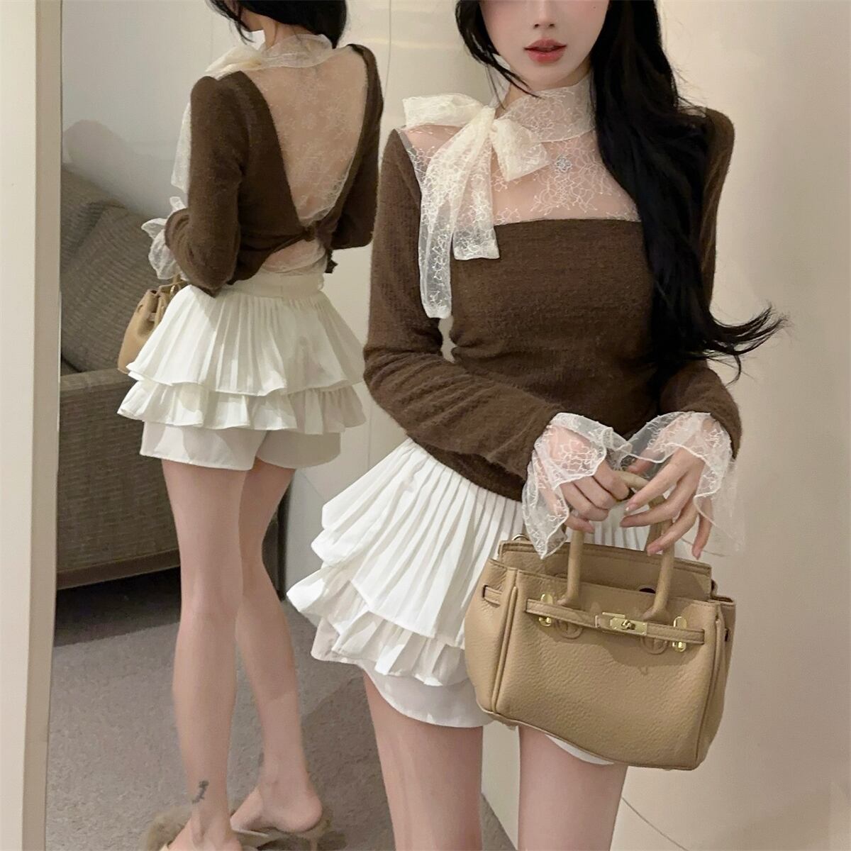 【tops】レースドッキングニットトップス　N2909