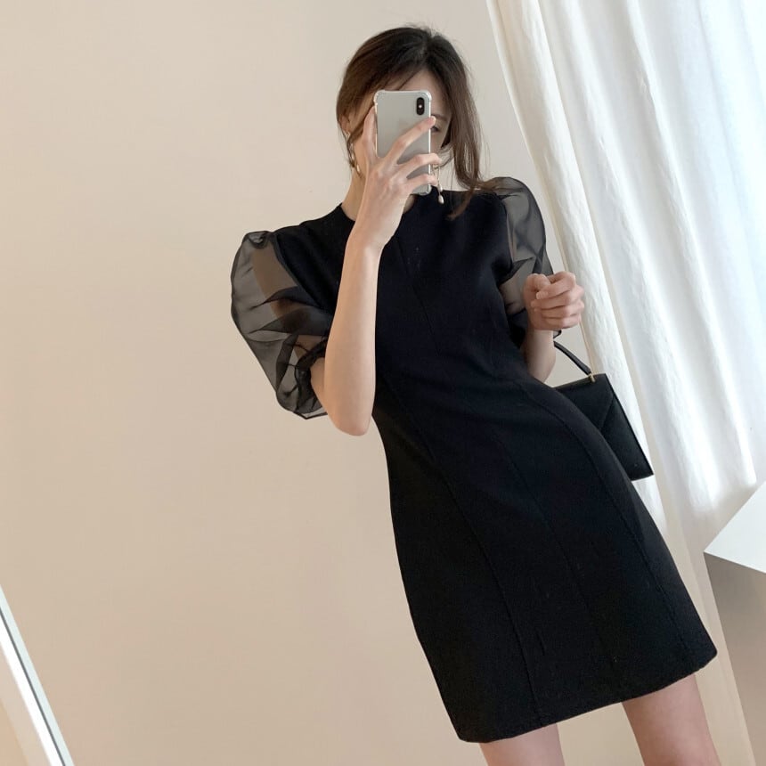 【dress】チュールスリーブ切り替えワンピース　M23986